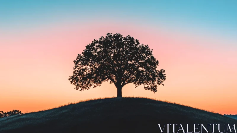 Sunset Silhouette of a Lone Tree on Hill AI Image