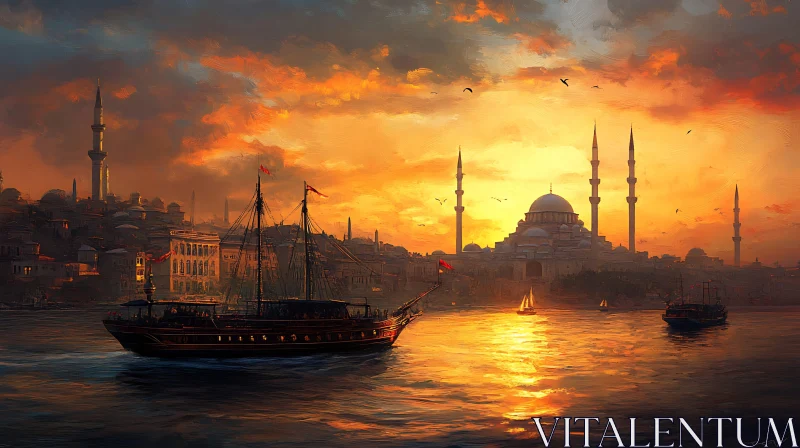 Radiant Sun Setting Over Historic City AI Image