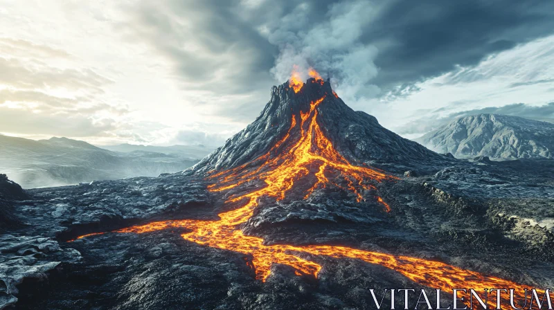 Fiery Volcano Erupting with Lava Streams AI Image