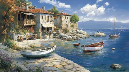 Rustic Seaside Village with Moored Boats