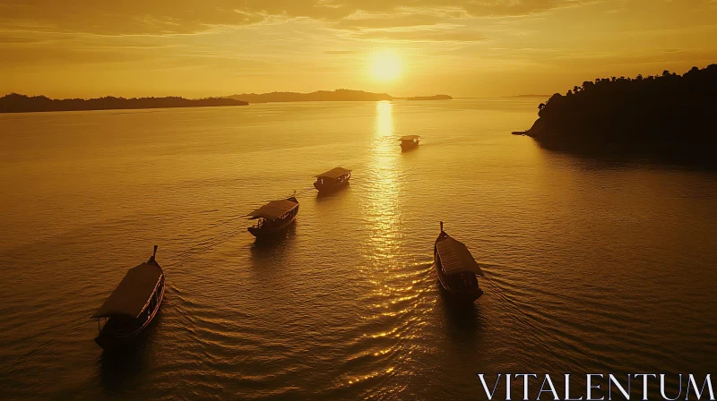 Serene Sunset Scene with Traditional Boats on Water AI Image