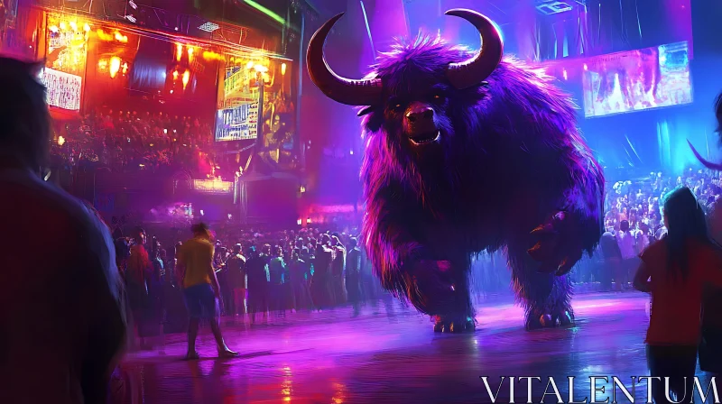 Fantasy Scene with Purple Bull in Neon Club AI Image