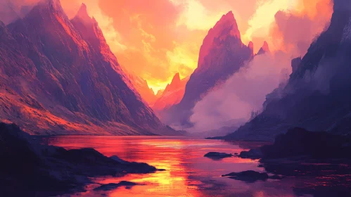 Sunset Over Mountain Peaks and Lake