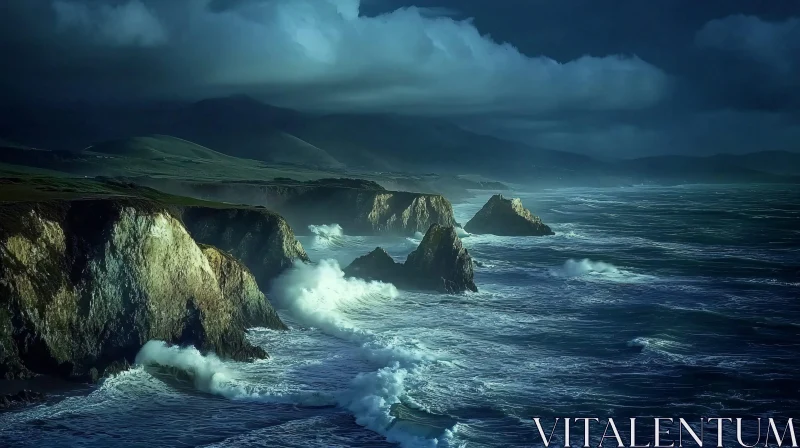 AI ART Powerful Waves Crash Against Rugged Cliffs