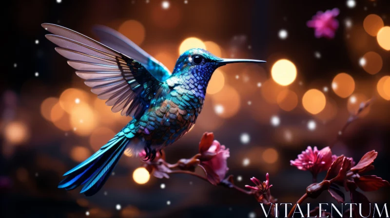 Enchanting Hummingbird on Branch with Flower Backdrop in Digital Art AI Image