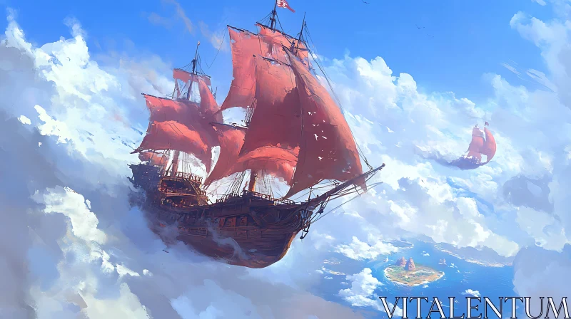 Cloudborne Ship with Red Sails AI Image