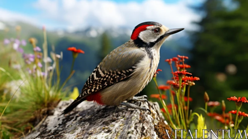 Swiss Realism Inspired Woodpecker Portrait Amidst Flowers AI Image