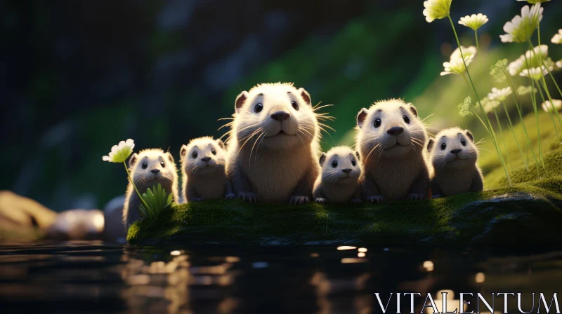 Whimsical Folk-Inspired Scene with Four Small Rodents by a Pond AI Image