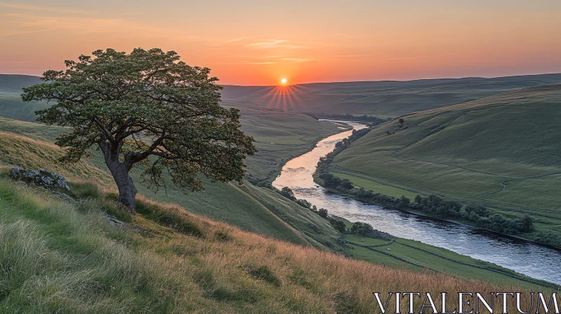 AI ART Sunset Landscape with Tree and River