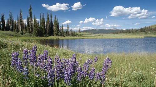 Tranquil Lake with Mountains and Purple Wildflowers