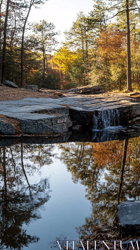 AI ART Autumn Serenity: Waterfall and Reflective Pond