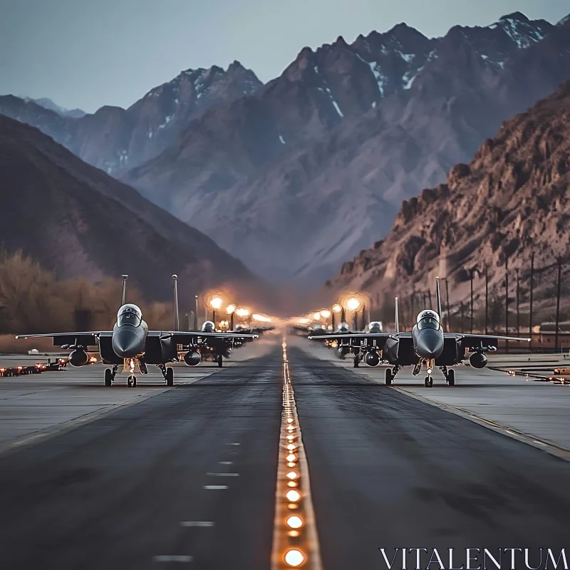 Fighter Jets Stationed on a Sunset Lit Mountain Runway AI Image