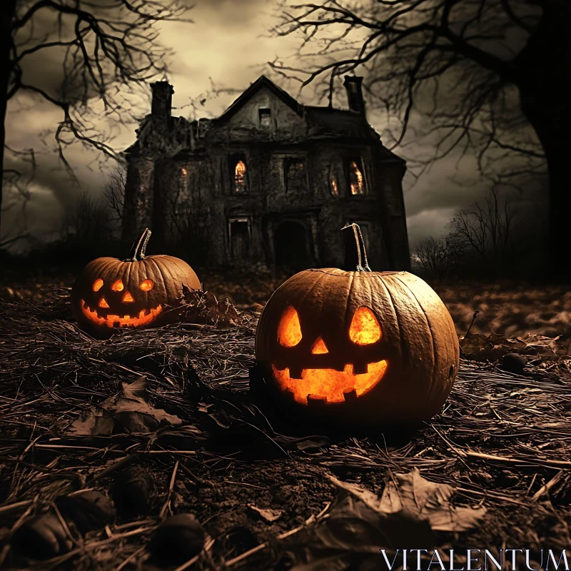 Ominous Halloween Night with Haunted House AI Image