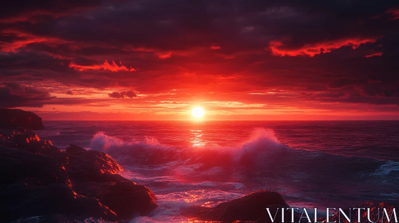 Fiery Sunset with Waves Crashing on Rocks AI Image