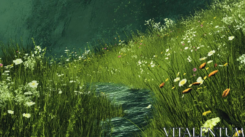 Wildflower Meadow with Stream AI Image