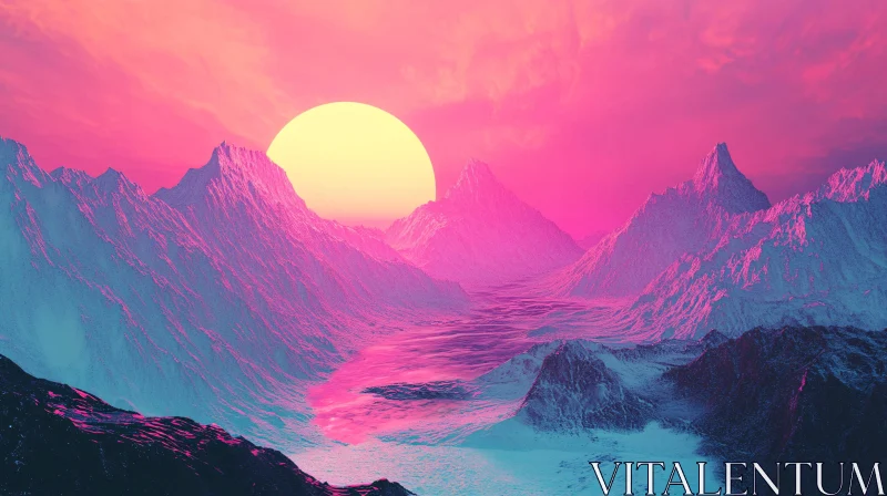 Surreal Mountain Sunset in Pink Sky AI Image