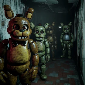 Creepy Animatronics in Dark Hallway