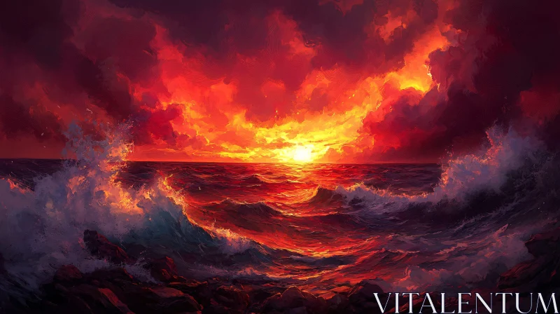 AI ART Fiery Sunset and Ocean Waves