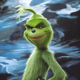 Whimsical Green Character Smirking in Winter