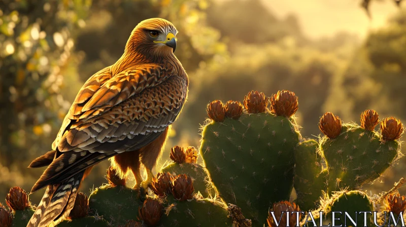 Golden Hawk Perched on Cactus during Sunset AI Image