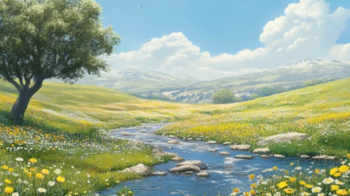 Tranquil Mountain Landscape with Blooming Meadow