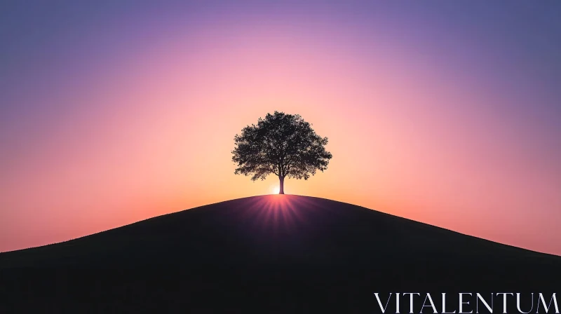 AI ART Solitary Tree on Hill During Sunset