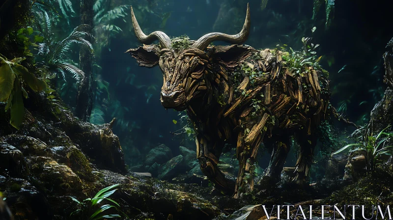 Wooden Bull in Mysterious Forest AI Image