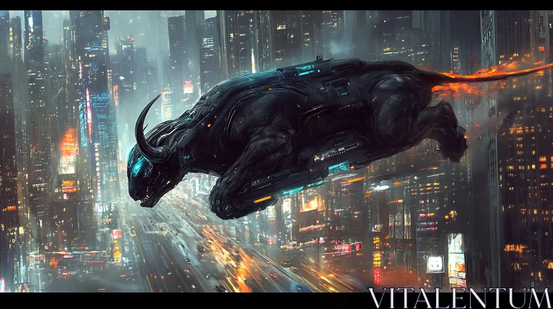 Cybernetic Bull in Futuristic Neon City AI Image