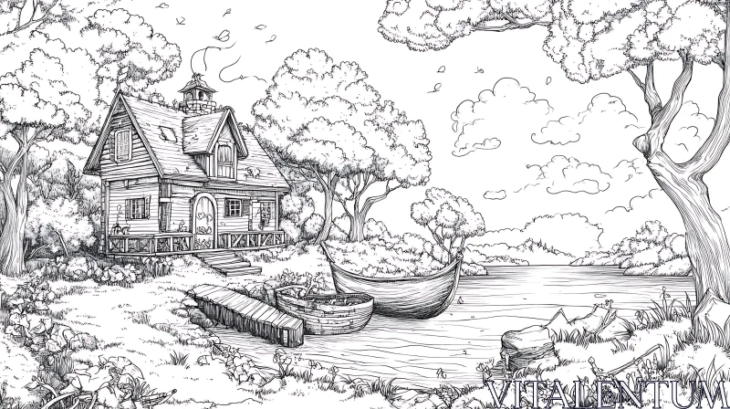 Quaint Cabin by Lake with Trees and Boat Illustration AI Image