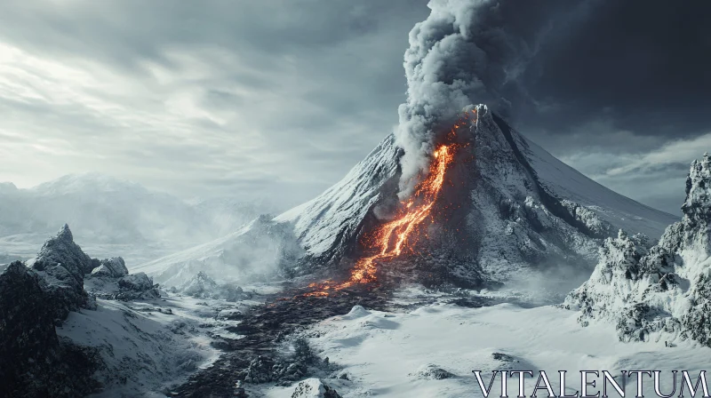 AI ART Erupting Volcano Amidst Snowy Peaks