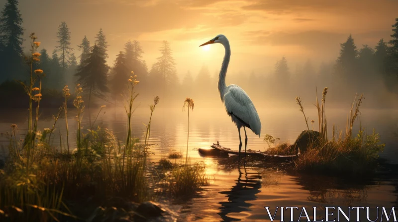 Egret in Sunrise: A Romantic Lake Scene AI Image