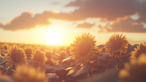 Sunflowers Illuminated by Sunset Light