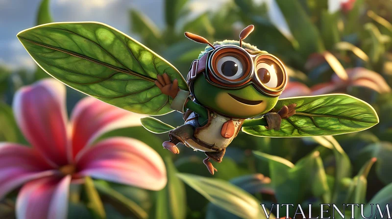 Cheerful Bug with Leaf Wings in Lush Nature AI Image