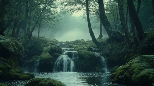 Ethreal Forest Scene with Cascading Waterfall