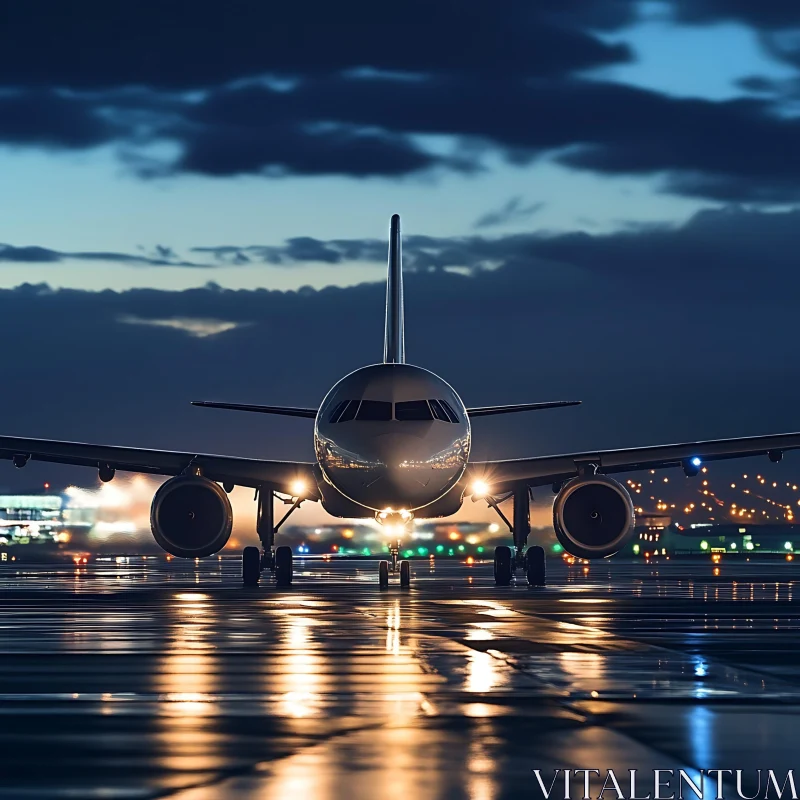 Airplane Prepares for Takeoff on Glowing Wet Runway AI Image