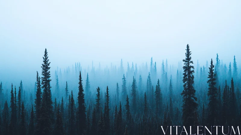 Ethereal Mist Over Tall Pine Trees AI Image