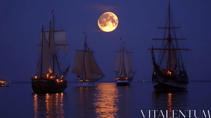 Night Ocean Sailing with Full Moon and Ships AI Image