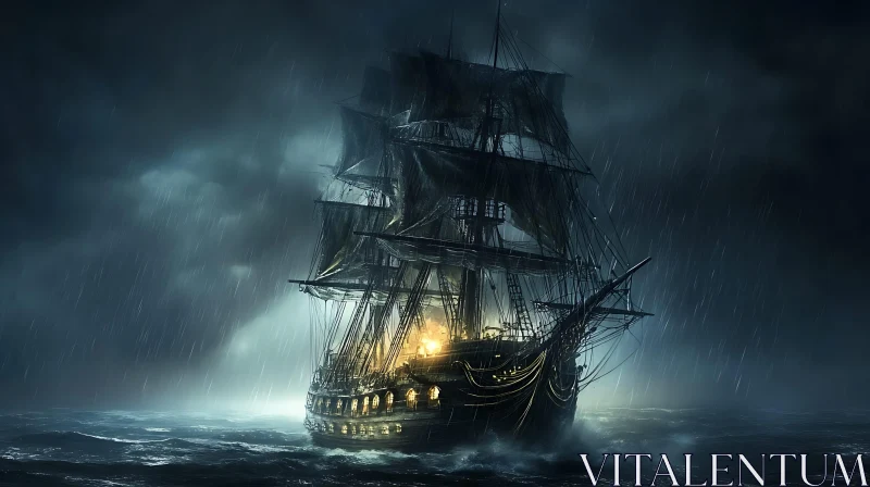 Oceanic Galleon Battling a Nocturnal Storm AI Image