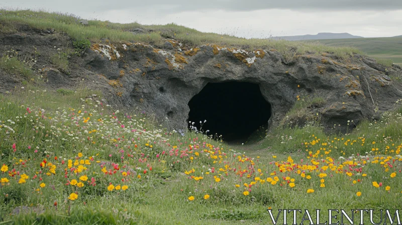 Mystical Cave Surrounded by Colorful Wildflowers AI Image