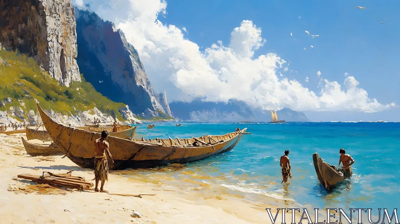 Scenic Coastal Landscape with Boats and Cliffs AI Image