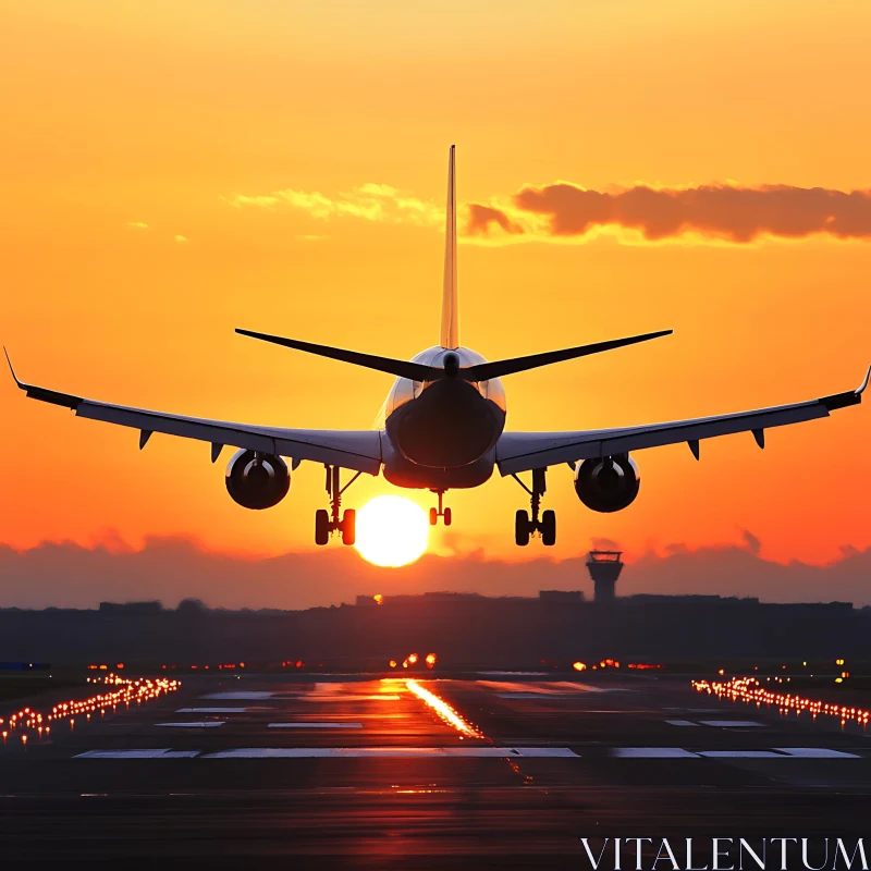 Sunset Airplane Landing on Illuminated Runway AI Image