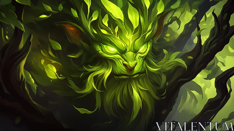 Mystical Green Leaf Creature in Forest AI Image