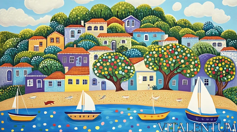 Vibrant Coastal Scene with Colorful Houses and Boats AI Image