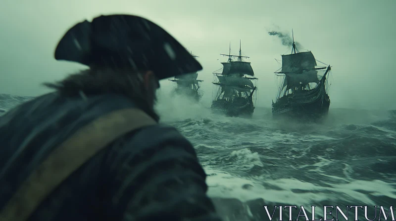 Pirate Gaze Amidst Ocean Storm AI Image