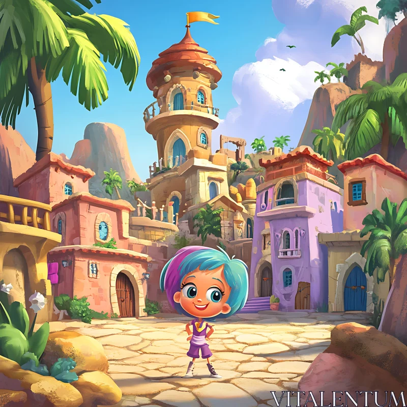 Whimsical Town and Cheery Character in Animation AI Image