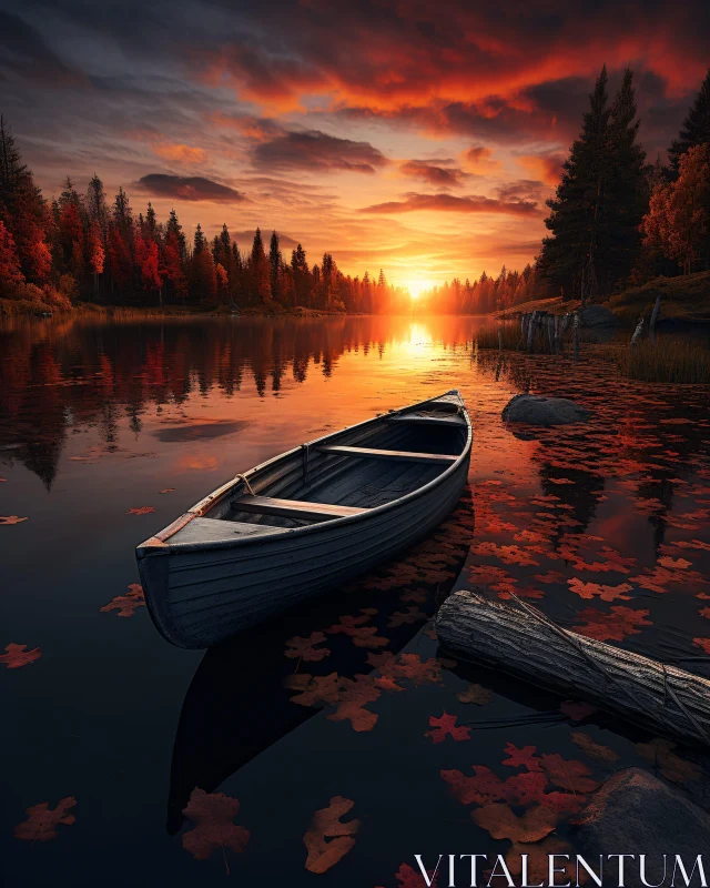 Tranquil Lake Sunset with Floating Canoe and Autumn Foliage AI Image