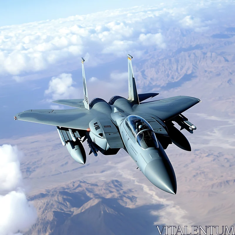 Jet Aircraft in Flight Over Mountains AI Image