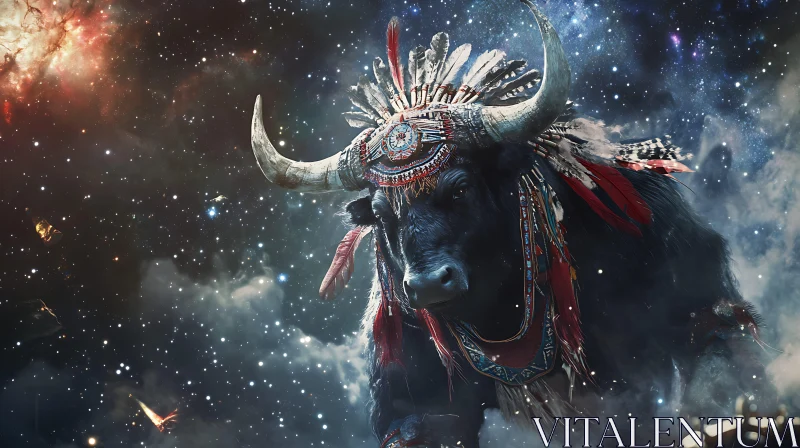 Cosmic Bull with Native American Headdress AI Image