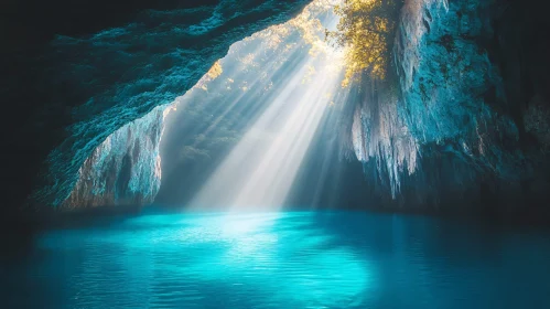 Cave Illuminated by Sunlight Over Tranquil Blue Water