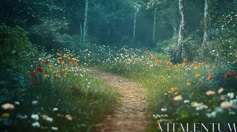 Enchanting Forest Path Decorated with Spring Blooms AI Image